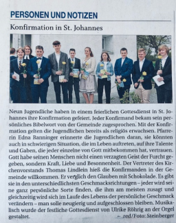 Zeitungsartikel der pnp über die Konfirmation 2019