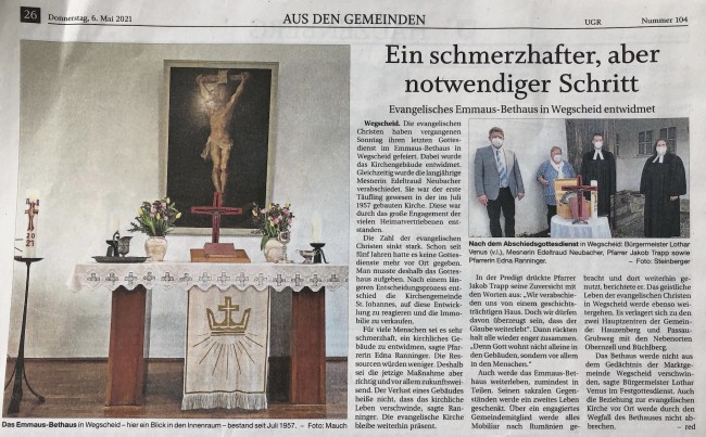 Evangelisches Emmaus-Bethaus in Wegscheid entwidmet